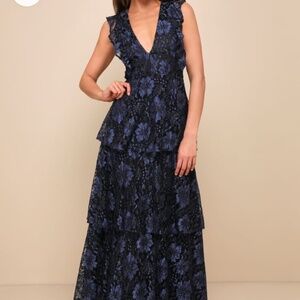 Lulus Navy Blue Lace Ruffled Tiered Sleeveless Maxi Dress